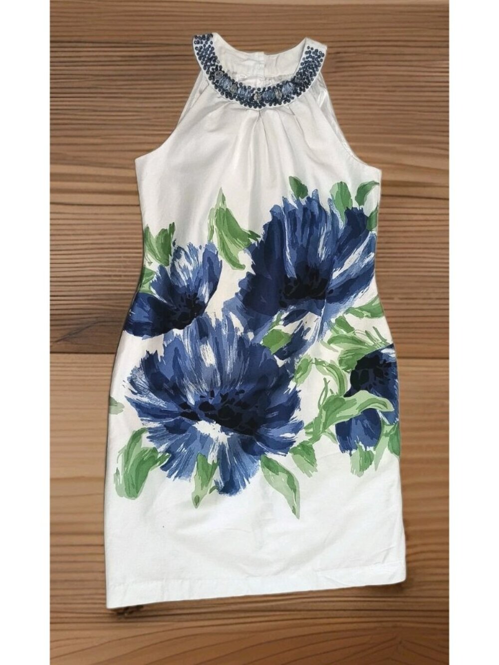 Sandra Darren Halter Floral Sleeveless Shift White Dress Size 8 Beaded Neck